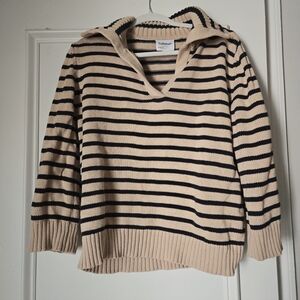 Callahan Tan and Navy Striped V-Neck Sweater